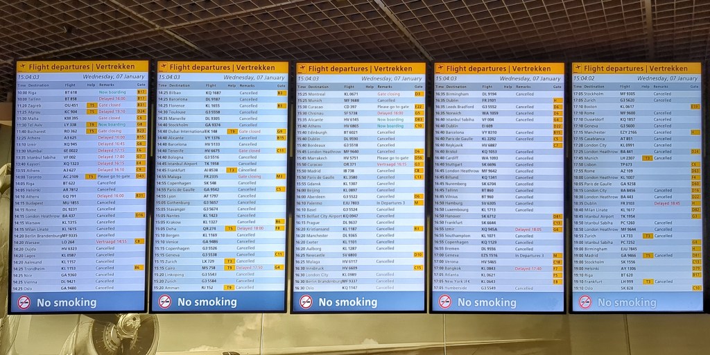 Airport Board with departures - most of them cancelled